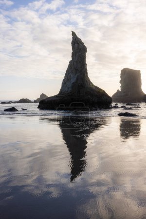 A large rock sits on the beach, with the ocean in the background. The reflection of the rock in the water creates a sense of depth and tranquility