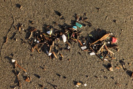 Photo for A pile of trash on the beach. The trash is made up of plastic and wood. Concept of pollution and the need for environmental awareness - Royalty Free Image