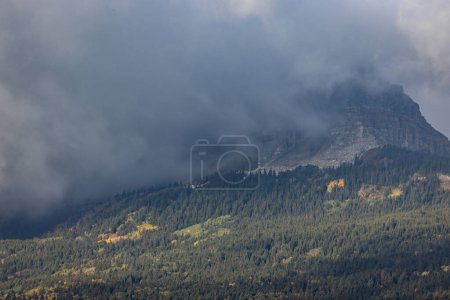 Photo for A mountain covered in trees with a cloudy sky in the background. The clouds are dark and heavy, giving the scene a moody and somber atmosphere - Royalty Free Image