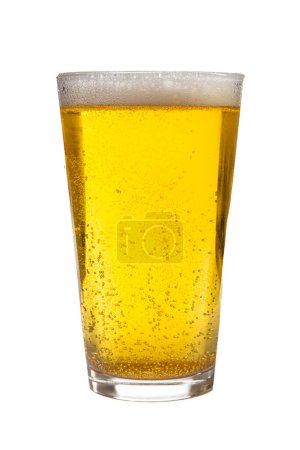 Téléchargez les photos : Un verre de bière est assis sur un fond blanc. Le verre est plein et a beaucoup de bulles. La bière est claire et a une couleur dorée claire - en image libre de droit