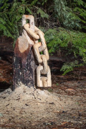 Photo for A chain is carved from a tree stump with saw dust on the ground. The scene is peaceful and serene. - Royalty Free Image