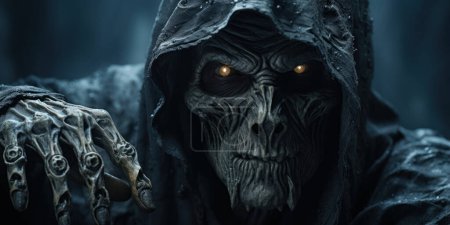 Foto de Close-up of Grim Reaper in Hooded Cloak: Una visión detallada de la presencia sin rostro de la muerte, irradiando un ambiente de hormigueo en la columna vertebral, perfecto para Halloween. - Imagen libre de derechos