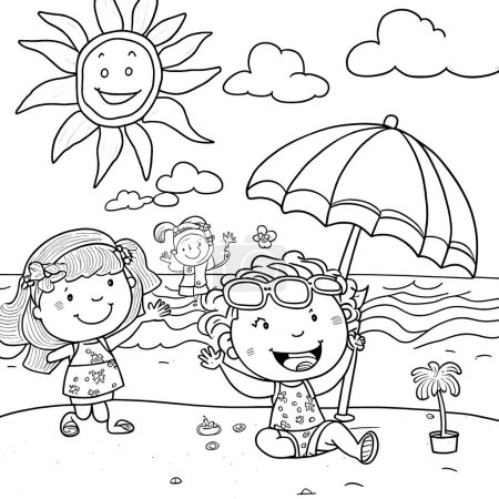 Téléchargez les photos : Pages à colorier noir et blanc pour enfants, lignes simples, style dessin animé, heureux, mignon, drôle, beaucoup de choses dans le monde - en image libre de droit