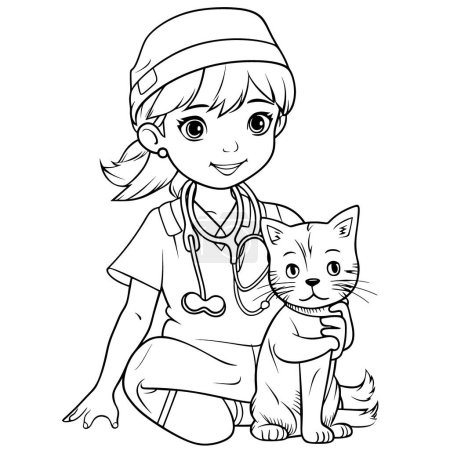 Photo for Veterinarian ,Black and white coloring pages for kids, simple lines, cartoon style, happy, cute, funny, The drawings in the children's coloring book are depicted in a series of different professions. smiling happily - Royalty Free Image