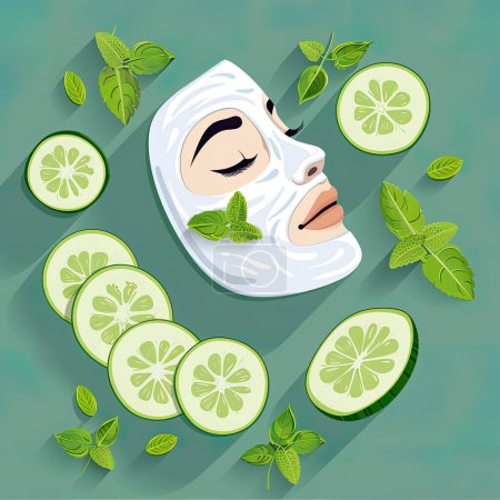 Eine illustrierte Gesichtsmaske, die mit leuchtend grünen Limettenscheiben auf einem beruhigenden blauen Hintergrund geschmückt ist, symbolisiert Hautpflege und Frische