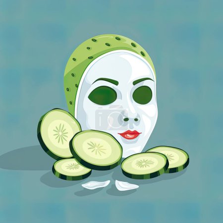 An illustrated facial mask adorned with vibrant green lime slices on a soothing blue background, symbolizing skincare and freshness