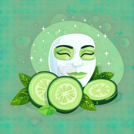 Un masque facial illustré orné de tranches de lime vert vif sur un fond bleu apaisant, symbolisant soins de la peau et fraîcheur