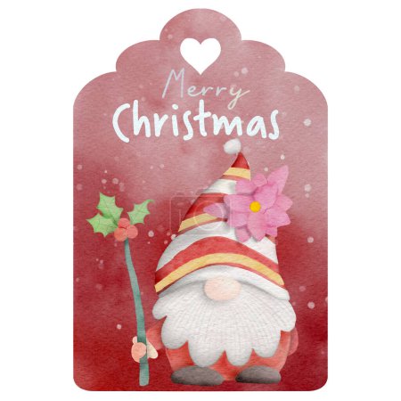 Illustration for Watercolor Illustration set of Christmas hangtag with gnome, Scandinavian Nordic Gnome,Cute cheerful gnome with phrase ,Merry Christmas - Royalty Free Image