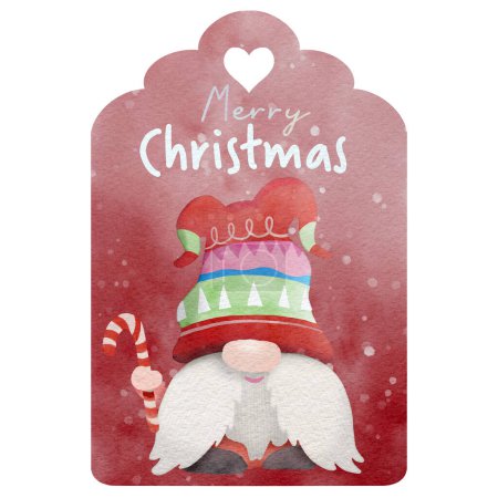 Illustration for Watercolor Illustration set of Christmas hangtag with gnome, Scandinavian Nordic Gnome,Cute cheerful gnome with phrase ,Merry Christmas - Royalty Free Image