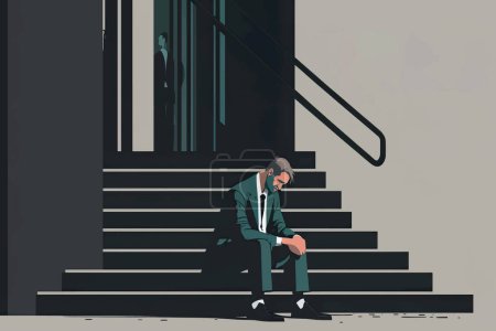 Illustration for 2D flat illustration, Depressed and tired businessman sitting at stair in city , Trendy vector style ,Flat vector illustration - Royalty Free Image