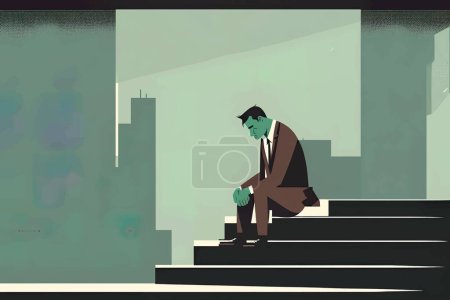 Illustration for 2D flat illustration, Depressed and tired businessman sitting at stair in city , Trendy vector style ,Flat vector illustration - Royalty Free Image