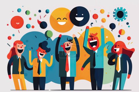 Illustration for 2D flat illustration, happy business group , a group that finds joy in working together to achieve common goals, build strong relationships, and create a positive work culture, flat design - Royalty Free Image