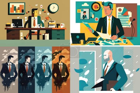 Illustration for This is a digital image of a businessman working in a modern, 2-dimensional style, often used in graphic design. The illustration typically includes a computer or laptop, a desk or workspace, and the businessman working on various tasks such as typin - Royalty Free Image