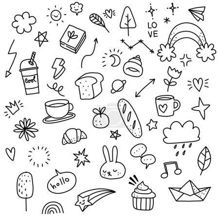 niedliches handgezeichnetes Doodle-Set, Liebe, niedliches Ding, niedliche Tiere und kreative Design-Kollektion, Illustration