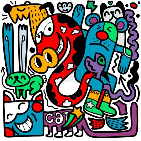 Illustration for Doodle, hand drawn illustration of colorful cartoon characters, in the style of psychedelic absurdism, bold outlines, chilling creatures, baroque madness, child drawing ,Illustration Vector - Royalty Free Image