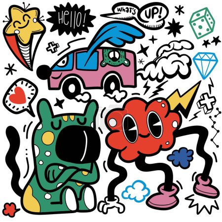 Illustration for Doodle, hand drawn illustration of colorful cartoon characters, in the style of psychedelic absurdism, bold outlines, chilling creatures, baroque madness, child drawing ,Illustration Vector - Royalty Free Image