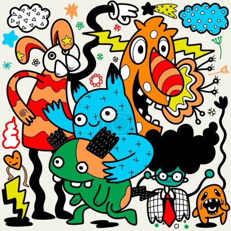Illustration for Doodle, a cartoon illustration featuring cartoon characters and cartoons, in the style of abstract animal, psychedelic illustration, energetic dadaism, illustration, bad painting, frenetic line work, light yellow and dark cyan ,Illustration Vector - Royalty Free Image