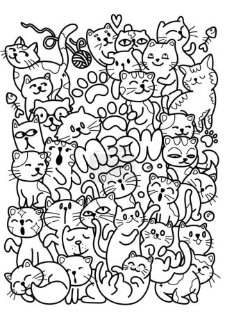 Illustration for Cute black and white cats coloring pages in the style of scattered composition, caricature faces, happy expressionism, and simplified kittys figures - Royalty Free Image