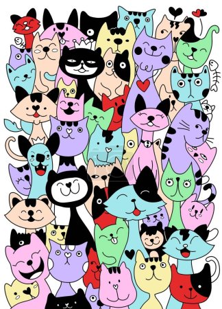 Ilustración de Numerosos gatos de dibujos animados lindos con diferentes caras, expresionismo feliz en el estilo de contornos audaces y colores planos - Imagen libre de derechos