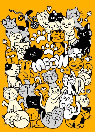 Ilustración de Numerosos gatos de dibujos animados lindos con diferentes caras, expresionismo feliz en el estilo de contornos audaces y colores planos - Imagen libre de derechos