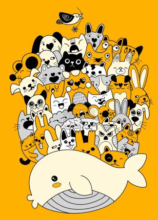 Ilustración de Una ballena de dibujos animados con muchos gatos acurrucados alrededor de este fondo amarillo, en el estilo de diseño detallado del personaje, blanco y naranja, figuras de perro simplificadas, para colorear a mano, y dibujos minimalistas en blanco y negro - Imagen libre de derechos