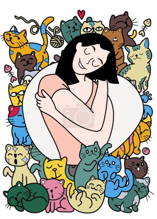 Illustration for Drawing of a happy young lady giving herself a hug surrounded by playful and adorable kitties. It's a hand-drawn image with straightforward lines. - Royalty Free Image