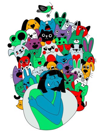 Illustration for Drawing of a happy young lady giving herself a hug surrounded by playful and adorable kitties. It's a hand-drawn image with straightforward lines. - Royalty Free Image
