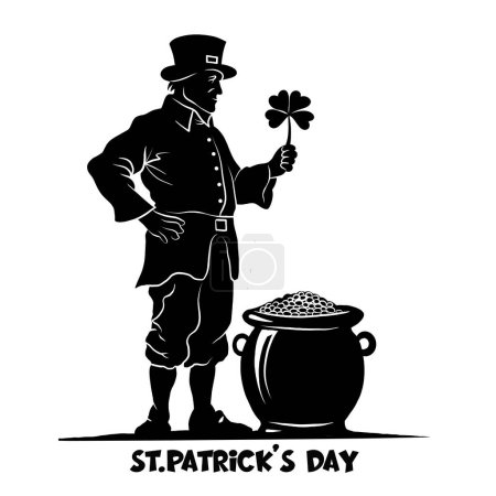 Hand Drawn Black and white silhouette of a stately leprechaun with a four-leaf clover and pot of gold for St. Patrick's Day