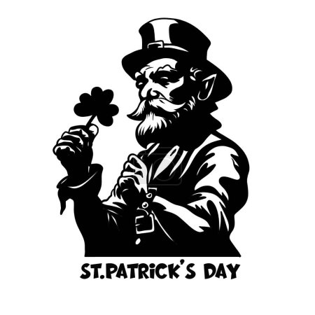 Hand Drawn of  Black and white illustration of a leprechaun holding a four-leaf clover for St. Patrick's Day celebrations
