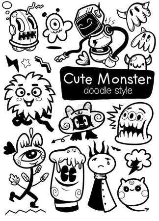 Eine verspielte Auswahl handgezeichneter niedlicher Monster-Doodles in schwarz und weiß, ideal für lustige und skurrile Design-Themen