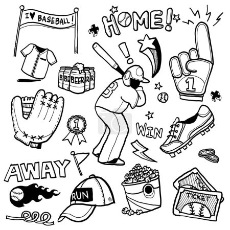 A collection of hand drawn baseball-themed doodles, featuring equipment, snacks, and game-related symbols