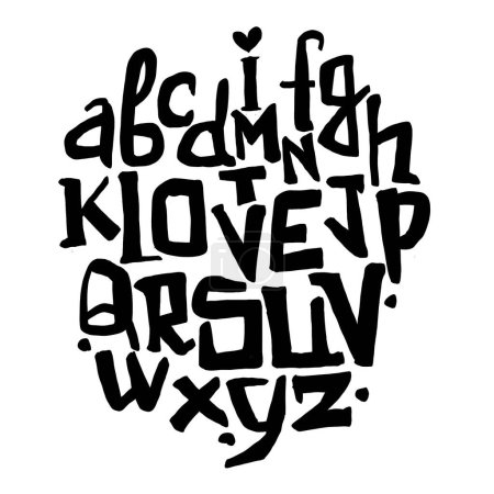 Una imagen en blanco y negro de un alfabeto de estilo graffiti dibujado a mano con un tema de amor y afecto