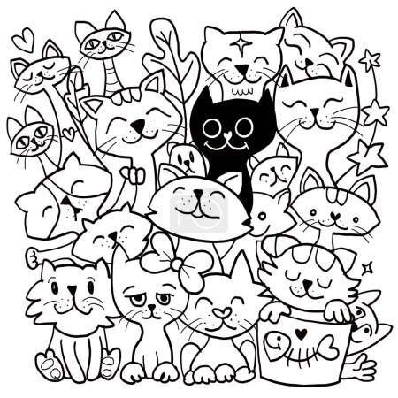 Illustration for A charming collection of joyful cartoon cats depicted in various poses and expressions in a delightful black and white doodle ,Illustration Vector - Royalty Free Image
