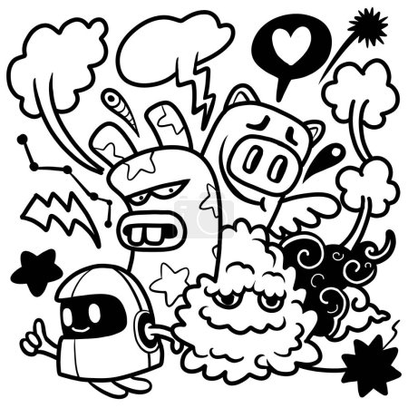 Schwarz-weiße Vektorillustration mit einer Vielzahl freundlicher Cartoon-Monster mit ausdrucksstarken Gesichtern und lustigen Formen
