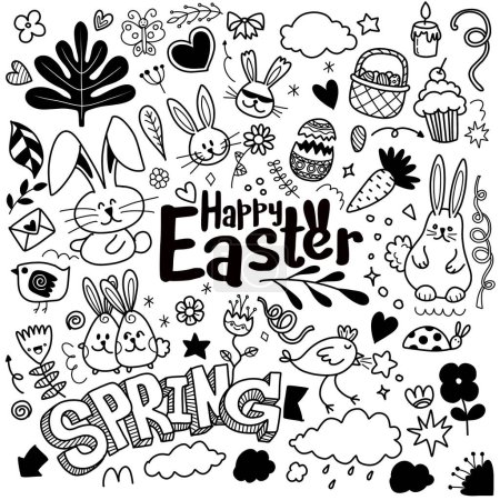 Illustration for Vector illustration of a charming collection of Easter and spring doodles in a monochrome style - Royalty Free Image