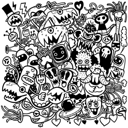 A vector illustration packed with a lively assortment of cartoon monsters in a fun and whimsical monochrome doodle style