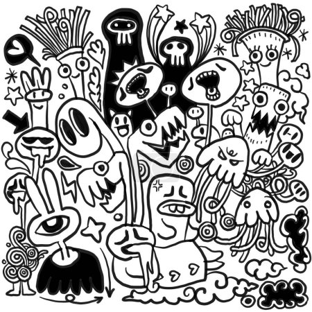 Una dinámica ilustración vectorial en blanco y negro llena de personajes monstruosos abstractos y peculiares en un estilo de garabato animado