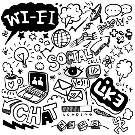 Vector illustration capturing the essence of social media and technology with energetic doodles representing connectivity and online interaction
