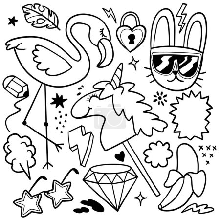 Vector illustration featuring trendy doodles of a unicorn, flamingo, and rabbit with sunglasses, alongside playful stars and shapes