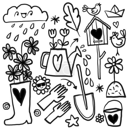 This charming black and white vector illustration is filled with spring gardening elements, like cheerful rain clouds, blooming flowers, and birds
