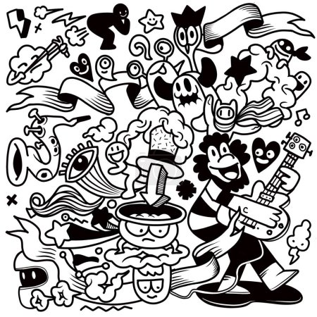 A playful assortment of doodle characters engaging in whimsical activities, filled with happiness and imagination