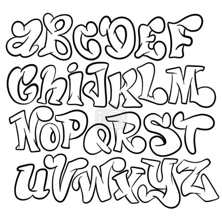 Ein flüssiges und kurviges Graffiti-Alphabet, gezeichnet mit einer glatten, fließenden Linie in einer schwarz-weißen Vektorillustration, ideal für dynamische Designs
