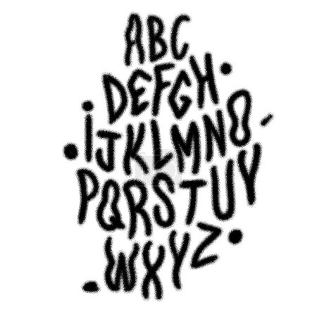 Ein kompletter Satz Alphabet-Buchstaben mit Sprühfarbe-Tropfeffekt in schwarz und weiß, perfekt für kantige und urbane Designs, im Vektorillustrationsformat