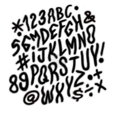 A set of numbers and letters in a graffiti style with a spray paint effect, presented in black and white, available in vector format for various designs