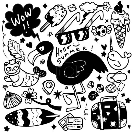 A collection of summer-themed doodles featuring sunglasses, ice cream, flamingo, and more, encapsulating the fun of summer in a playful black and white vector illustration