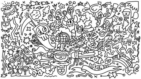 A playful assortment of doodle characters engaging in whimsical activities, filled with happiness and imagination