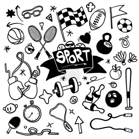 A hand drawn black and white illustration featuring a variety of sports equipment and symbols for athletics-themed projects