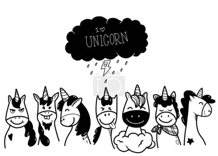 A collection of hand drawn unicorns with different expressions under a cloud with "I Love Unicorn" text, in a playful doodle style