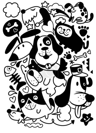 Hand drawn black and white illustration featuring a variety of cartoon dogs and cats in playful poses, surrounded by cute symbols