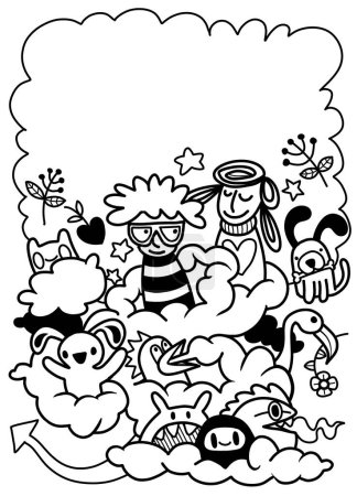 Skurrile handgezeichnete Doodle-Kunst mit einer verspielten Mischung aus fantastischen Charakteren, Tieren und himmlischen Elementen in Schwarz und Weiß